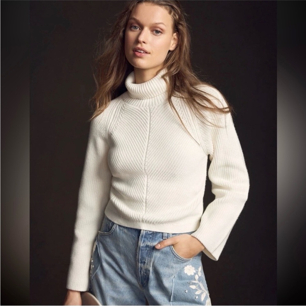 Anthropologie Maeve Ivory cream Cropped Turtleneck Sweater size Medium